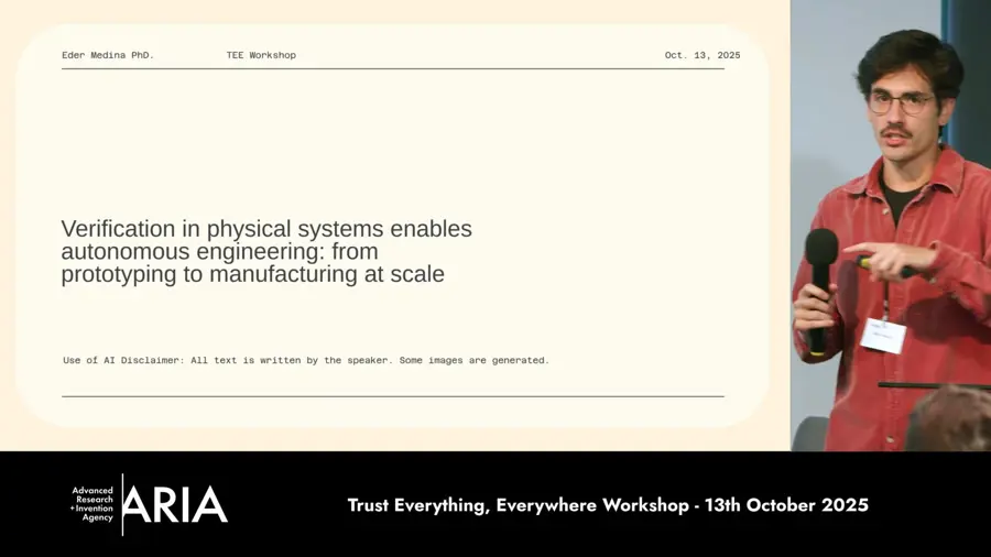 Eder Medina presenting a talk at the Trust Everything, Everywhere Discovery workshop