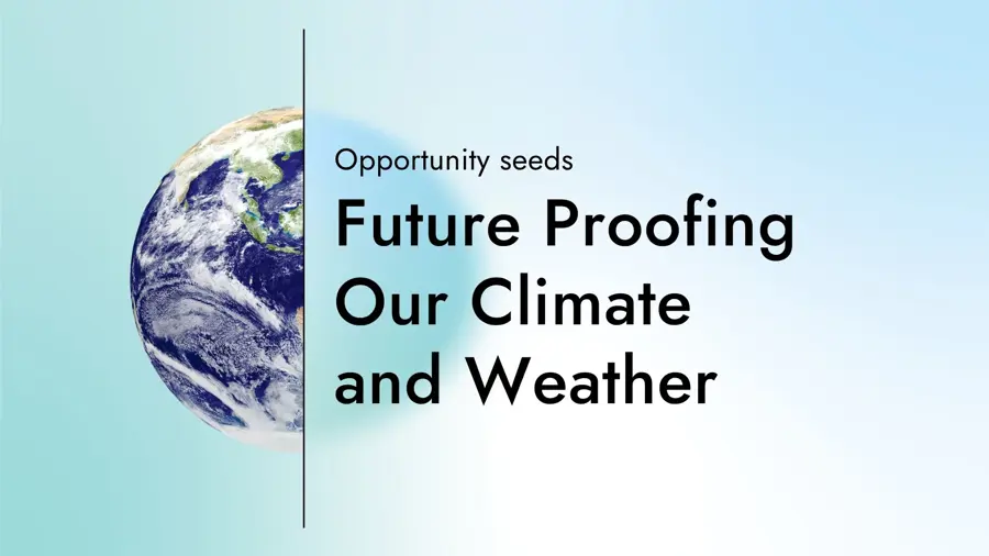 A graphic saying 'Opportunity Seeds: Future Proofing Our Climate and Weather' and with a graphic of half the Earth.