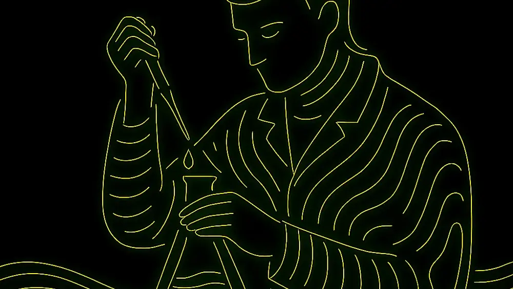 Artistic graphic outline of a scientist dropping liquid into a conical flask