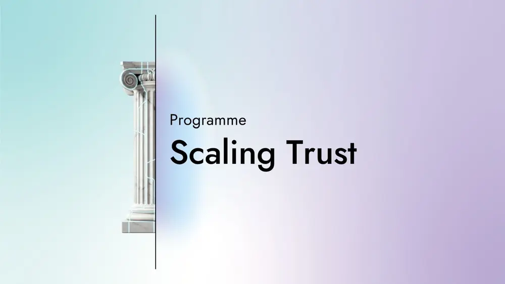 Card with the text "Programme: Scaling Trust" with a graphic of half a column on a gradient background