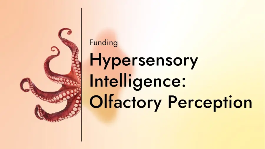 Card with the text "Funding: Hypersensory Intelligence – Olfactory Perception " with a graphic of half an octopus on a gradient background