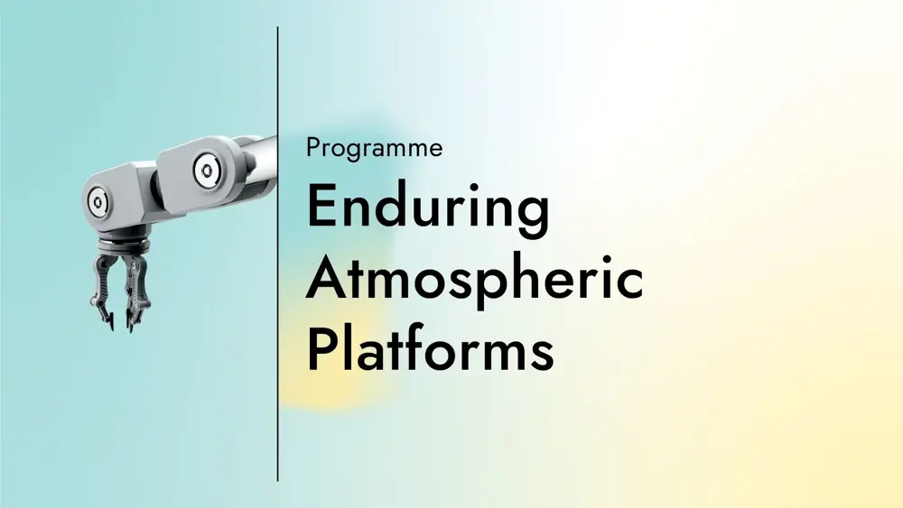 Card with text "Programme: Enduring Atmospheric Platforms" and a graphic of a robot hand on a gradient background