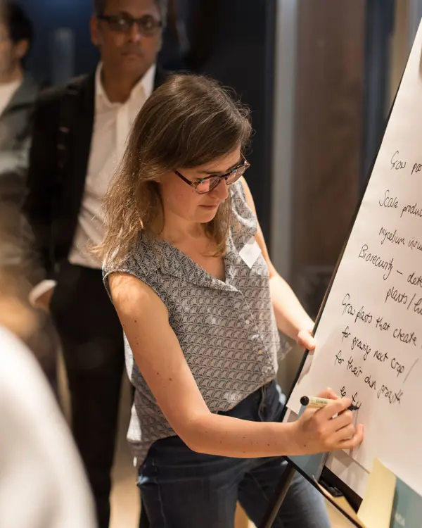 A photo of Angie, a Programme Director, writing on a flip chart in front of a small audience.