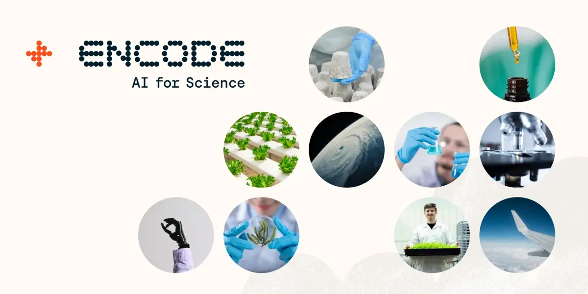 Encode: AI for Science logo with an array of images in spheres