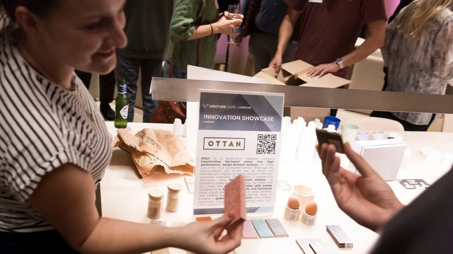 Participants interacting at an innovation showcase at a Venture Café London Thursday Gathering.