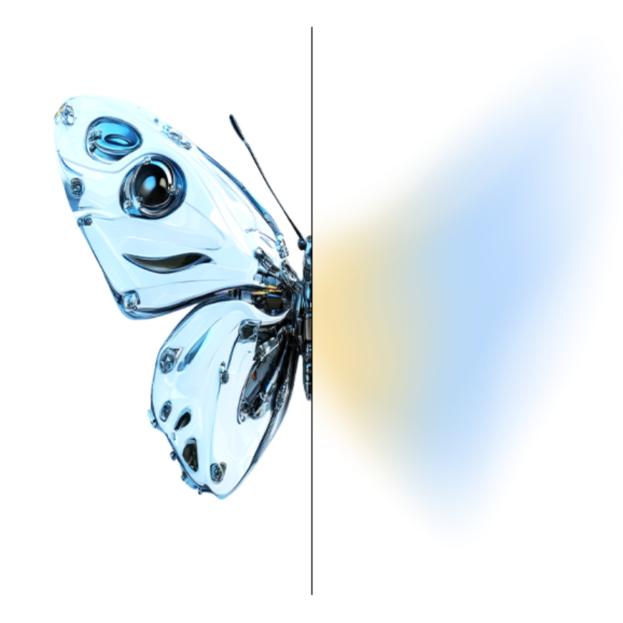 Graphic of half a butterfly with a blue and yellow gradient making up the other half