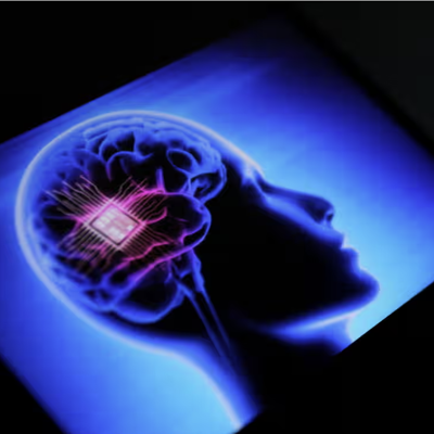 Graphic of a silhouette of a human head with the brain with a computer chip highlighted in pink