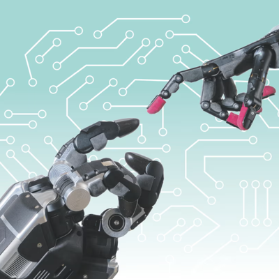 Two robot hands touching fingertips